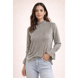 MOTH Metallic Pleated Smocked Ruffle Neck Top Women S Silver Victorian Blouse